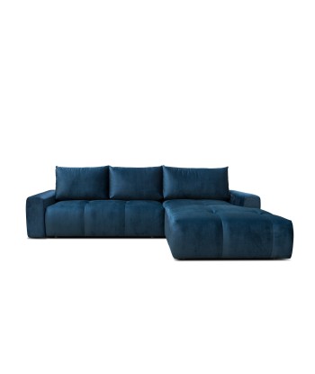 Atlas d'angle extensible en velours bleu marine, méridienne à droite, avec boîte de rangement, tapissée de tissu, coussins inclus, L304xL216xH92 cm en ligne