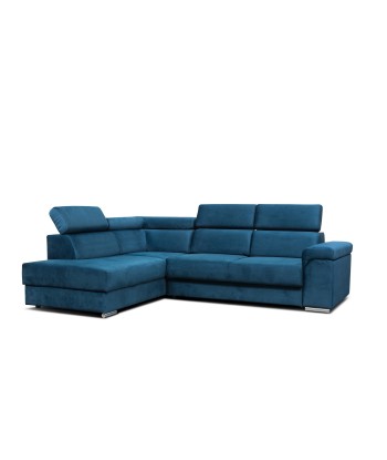 Carlitos L d'angle extensible en velours bleu marine, méridienne à gauche, avec boîte de rangement, tapissée de tissu, appuie-tête réglables, L268xL206xH83 cm Véritable concentré