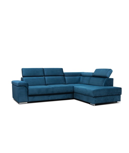 Carlitos L d'angle extensible en velours bleu marine, méridienne à droite, avec boîte de rangement, tapissée de tissu, appuie-tête réglables, L268xL206xH83 cm ou a consommer sur place