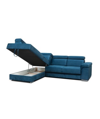 Carlitos L d'angle extensible en velours bleu marine, méridienne à gauche, avec boîte de rangement, tapissée de tissu, appuie-tête réglables, L268xL206xH83 cm Véritable concentré