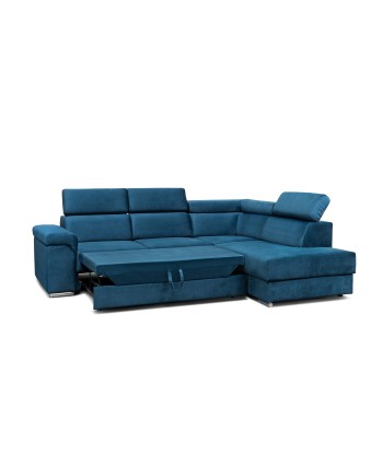 Carlitos L d'angle extensible en velours bleu marine, méridienne à droite, avec boîte de rangement, tapissée de tissu, appuie-tête réglables, L268xL206xH83 cm ou a consommer sur place