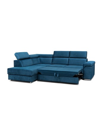 Carlitos L d'angle extensible en velours bleu marine, méridienne à gauche, avec boîte de rangement, tapissée de tissu, appuie-tête réglables, L268xL206xH83 cm Véritable concentré