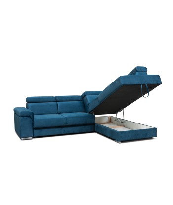 Carlitos L d'angle extensible en velours bleu marine, méridienne à droite, avec boîte de rangement, tapissée de tissu, appuie-tête réglables, L268xL206xH83 cm ou a consommer sur place