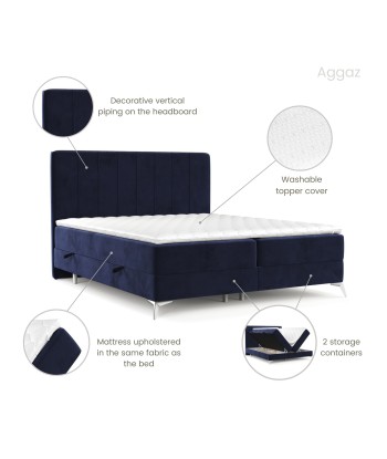 Pat rabatabil cu lada de depozitare, tapitat cu stofa, Aggaz Boxspring Velvet Bleumarin JUSQU'A -70%! 