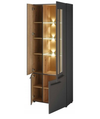 Vitrine en MDF, avec 4 portes et LED incluses Loftis Graphite / Chêne, l76xA37xH201 cm pas cher 