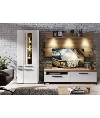 Vitrine en MDF, avec 4 portes et LED incluses Loftis Blanc / Chêne, l76xA37xH201 cm en stock