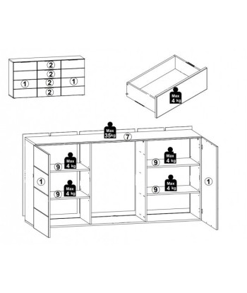 Commode en aggloméré et MDF avec 4 tiroirs et 2 portes, Madeline Blanc / Graphite, l180xA44xH90 cm Dans la société mordern