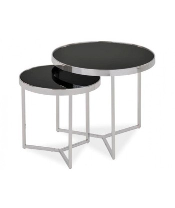 Set de 2 tables basses en verre et métal Delia II Noir / Chrome, Ø60xH52 cm / Ø45xH45 cm plus qu'un jeu 