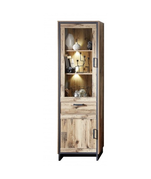 Vitrine palette avec 1 tiroir, 2 portes et LED inclus Pato Big Natural / Graphite, l60xA38xH203 cm français