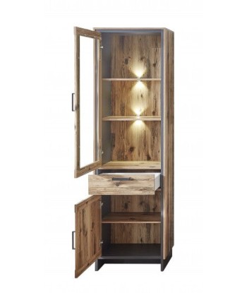 Vitrine palette avec 1 tiroir, 2 portes et LED inclus Pato Big Natural / Graphite, l60xA38xH203 cm français