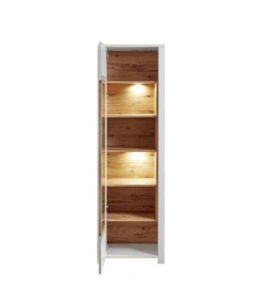 Vitrine en bois et MDF avec 1 porte, Selina Blanc / Naturel, l62xA41xH202 cm 2024