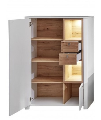 Vitrine en bois et MDF avec 2 tiroirs et 2 portes, Selina Blanc / Naturel, l92xA41xH138 cm acheter