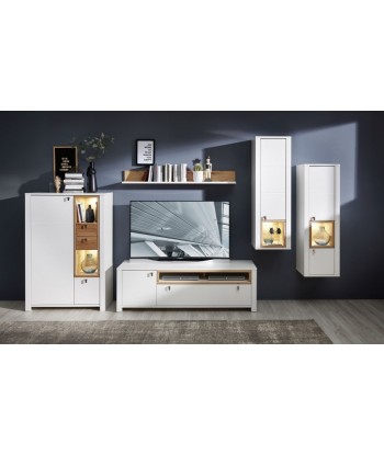 Vitrine en bois et MDF avec 2 tiroirs et 2 portes, Selina Blanc / Naturel, l92xA41xH138 cm acheter