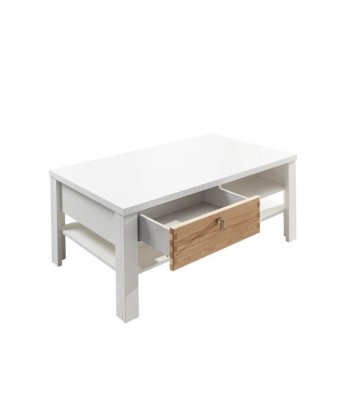 Table basse avec 2 tiroirs, en bois et MDF Selina Blanc / Naturel, L110xl65xH45 cm sur le site 