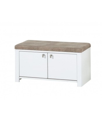 Banc rembourré avec tissu et 2 portes, en bois et MDF, Selina Blanc / Naturel, l92xA41xH49 cm pas cheres