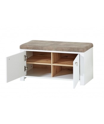 Banc rembourré avec tissu et 2 portes, en bois et MDF, Selina Blanc / Naturel, l92xA41xH49 cm pas cheres