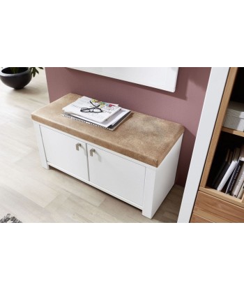 Banc rembourré avec tissu et 2 portes, en bois et MDF, Selina Blanc / Naturel, l92xA41xH49 cm pas cheres