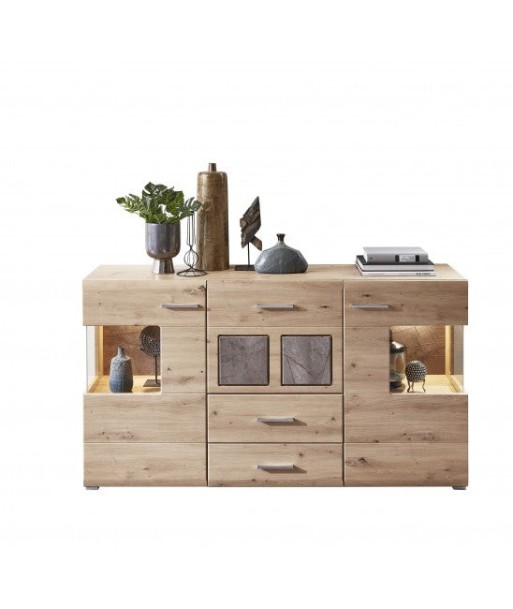 Commode en bois et MDF, avec 3 tiroirs et 2 portes Skylar Stejar, l170xA42xH94 cm Les magasins à Paris et en Île-de-France