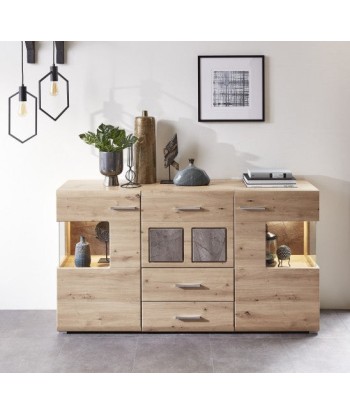 Commode en bois et MDF, avec 3 tiroirs et 2 portes Skylar Stejar, l170xA42xH94 cm Les magasins à Paris et en Île-de-France