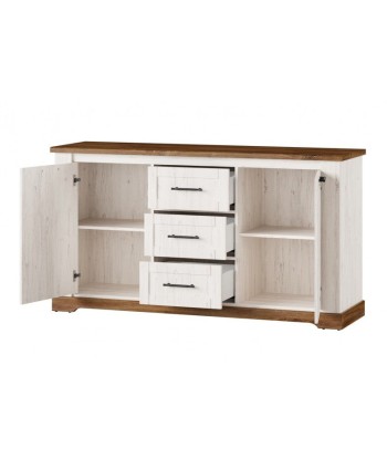 Commode, avec 3 tiroirs et 2 portes Country 45 Blanc / Chêne, l163xA45xH89 cm 50% de réduction en Octobre 2024