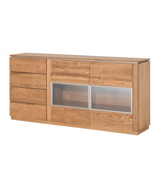 Commode avec vitrine en bois et placage, 4 tiroirs et 2 portes, LED incluse Monténégro 47 Chêne Rustique, l180xA42xH87 cm hantent personnes