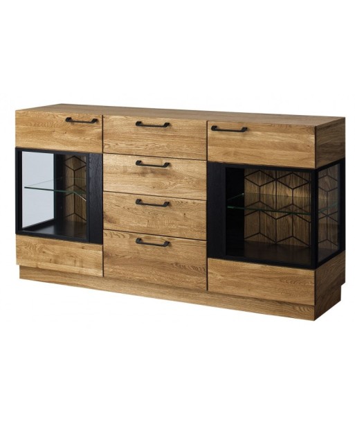 Commode avec vitrine en bois et placage, 4 tiroirs et 2 portes, LED incluse Mosaic 47 Chêne / Noir, l170xA42xH90 cm est présent 