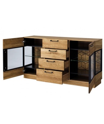 Commode avec vitrine en bois et placage, 4 tiroirs et 2 portes, LED incluse Mosaic 47 Chêne / Noir, l170xA42xH90 cm est présent 