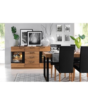 Commode avec vitrine en bois et placage, 4 tiroirs et 2 portes, LED incluse Mosaic 47 Chêne / Noir, l170xA42xH90 cm est présent 