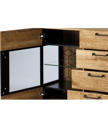 Commode avec vitrine en bois et placage, 4 tiroirs et 2 portes, LED incluse Mosaic 47 Chêne / Noir, l170xA42xH90 cm est présent 