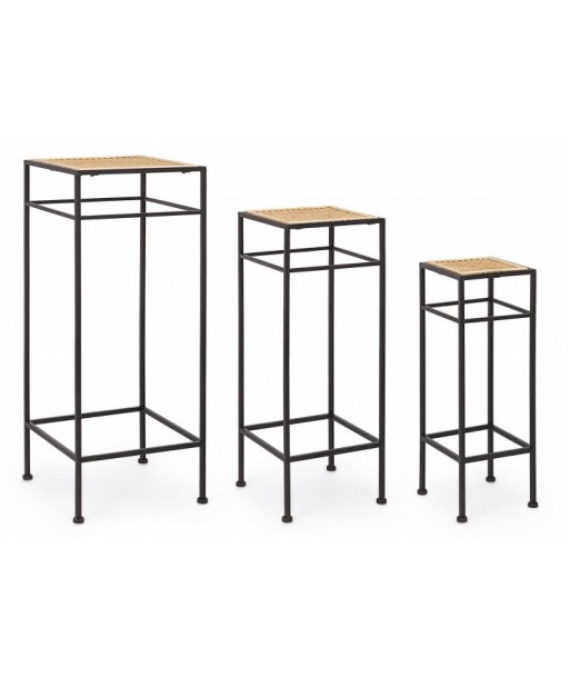 Lot de 3 tables téléphoniques métal et rotin Elyot Square Naturel / Noir, L28xl28xH70 cm / L23xl23xH60 cm / L18xl18xH50 cm offre 