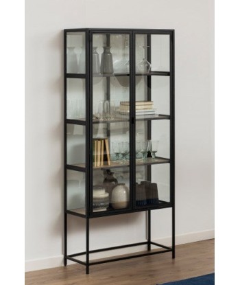 Vitrine métal et verre 2 portes Seaford Noir / Chêne, l77xA35xH185,6 cm ou a consommer sur place