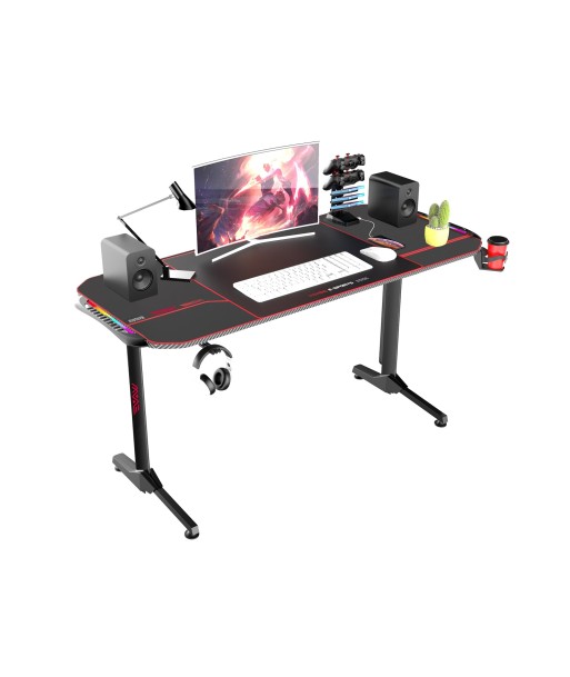 Table de jeu Wave en bois clair, fibre de carbone et métal, Noir, L140x60xH75 cm + Support casque + Porte-gobelet + Support téléphone + Support manette USB + Support rangement câble + Lumières LED RGB + Tapis de souris est présent 