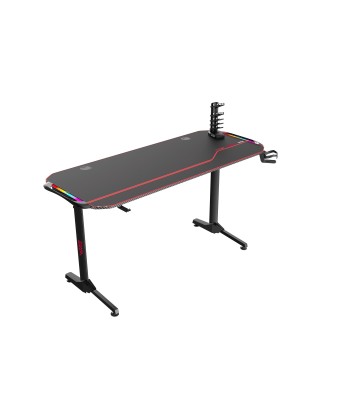 Table de jeu Wave en bois clair, fibre de carbone et métal, Noir, L140x60xH75 cm + Support casque + Porte-gobelet + Support téléphone + Support manette USB + Support rangement câble + Lumières LED RGB + Tapis de souris est présent 