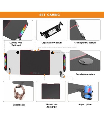 Table de jeu Wave en bois clair, fibre de carbone et métal, Noir, L140x60xH75 cm + Support casque + Porte-gobelet + Support téléphone + Support manette USB + Support rangement câble + Lumières LED RGB + Tapis de souris est présent 