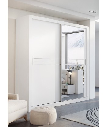 Armoire en bois clair avec 2 portes coulissantes et miroir Idea 12, Blanc Mat, L203xP60xH215 cm Fin de série