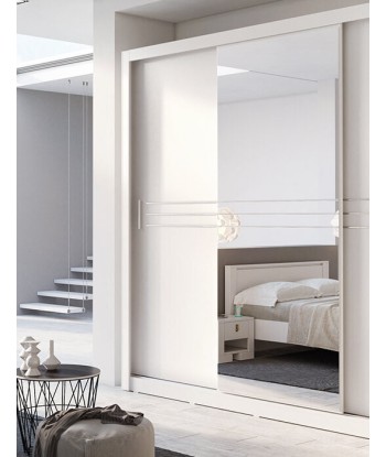 Armoire en bois clair avec 3 portes coulissantes et miroir Idea 11, Blanc mat, L250xP60xH215 cm en linge