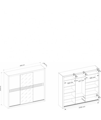 Armoire en bois clair avec 3 portes coulissantes et miroir Idea 11, Blanc mat, L250xP60xH215 cm en linge