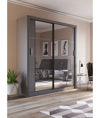 Armoire en bois clair, avec 2 portes coulissantes et miroir Arti 03, Gris Mat, L180xP60xH215 cm votre