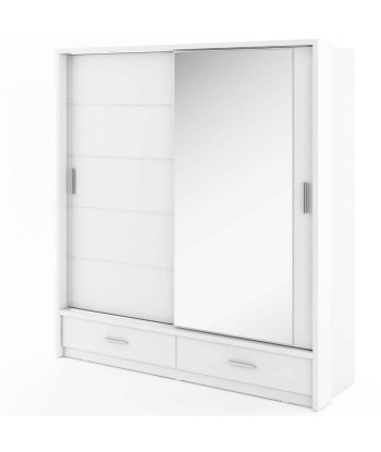 Armoire en bois clair, avec 2 portes coulissantes, 2 tiroirs et miroir Arti 05, Blanc Mat, L200xL63xH215 cm Venez acheter