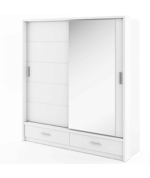 Armoire en bois clair, avec 2 portes coulissantes, 2 tiroirs et miroir Arti 05, Blanc Mat, L200xL63xH215 cm Venez acheter