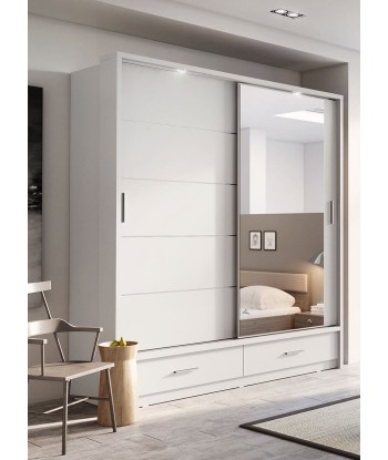 Armoire en bois clair, avec 2 portes coulissantes, 2 tiroirs et miroir Arti 05, Blanc Mat, L200xL63xH215 cm Venez acheter