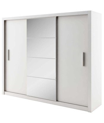 Armoire en bois clair avec 3 portes coulissantes et miroir Idea 01, Blanc mat, L250xP60xH215 cm rembourrage situé sous