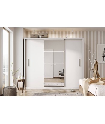 Armoire en bois clair avec 3 portes coulissantes et miroir Idea 01, Blanc mat, L250xP60xH215 cm rembourrage situé sous