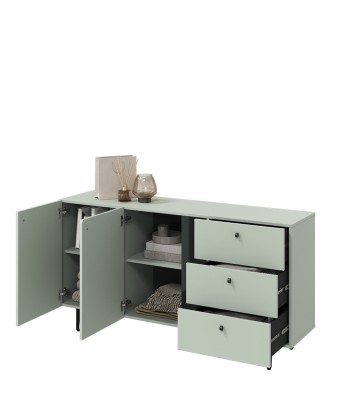 Commode en bois clair à 2 portes et 3 tiroirs, Coloris Medium CS 02, Vert Menthe / Noir, l160xL41xH84 cm En savoir plus