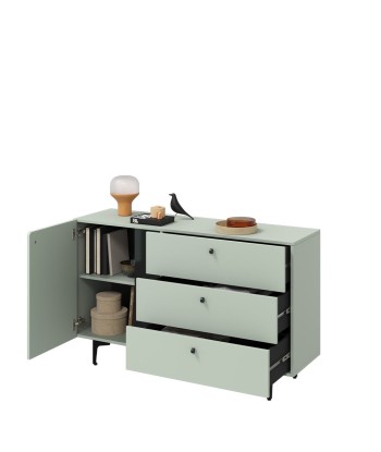 Commode en bois clair avec 1 porte et 3 tiroirs, Coloris Small CS 04, Vert Menthe / Noir, l138xL41xH84 cm Economisez 