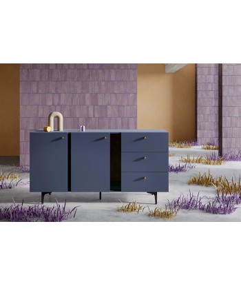 Commode en bois clair à 2 portes et 3 tiroirs, Coloris Medium CS 02, Bleu Marine Mat / Noir, L160xl41xH84 cm 2024