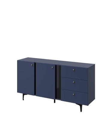 Commode en bois clair à 2 portes et 3 tiroirs, Coloris Medium CS 02, Bleu Marine Mat / Noir, L160xl41xH84 cm 2024