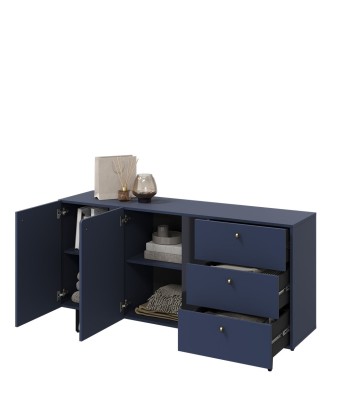 Commode en bois clair à 2 portes et 3 tiroirs, Coloris Medium CS 02, Bleu Marine Mat / Noir, L160xl41xH84 cm 2024