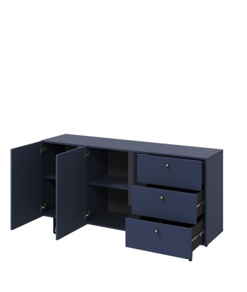 Commode en bois clair à 2 portes et 3 tiroirs, Coloris Medium CS 02, Bleu Marine Mat / Noir, L160xl41xH84 cm 2024