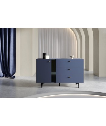 Commode en bois clair avec 1 porte et 3 tiroirs, Coloris Small CS 04, Bleu marine mat / Noir, L138xl41xH84 cm Venez découvrir notre 